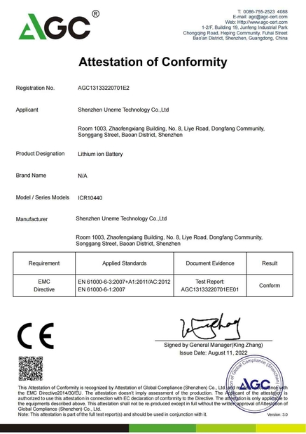 Chiny Shenzhen Uneme Technology Co.,Ltd Certyfikaty